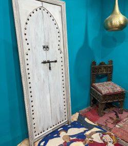 Moroccan-style handcrafted wooden door with carvings-White Door Carved Handle